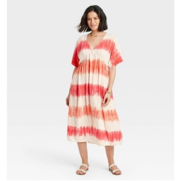 KNOX ROSE Coral Tie-Dye Bohemian Midi Dress Size XXL Flowy Beautiful Boho Beach - Picture 1 of 12
